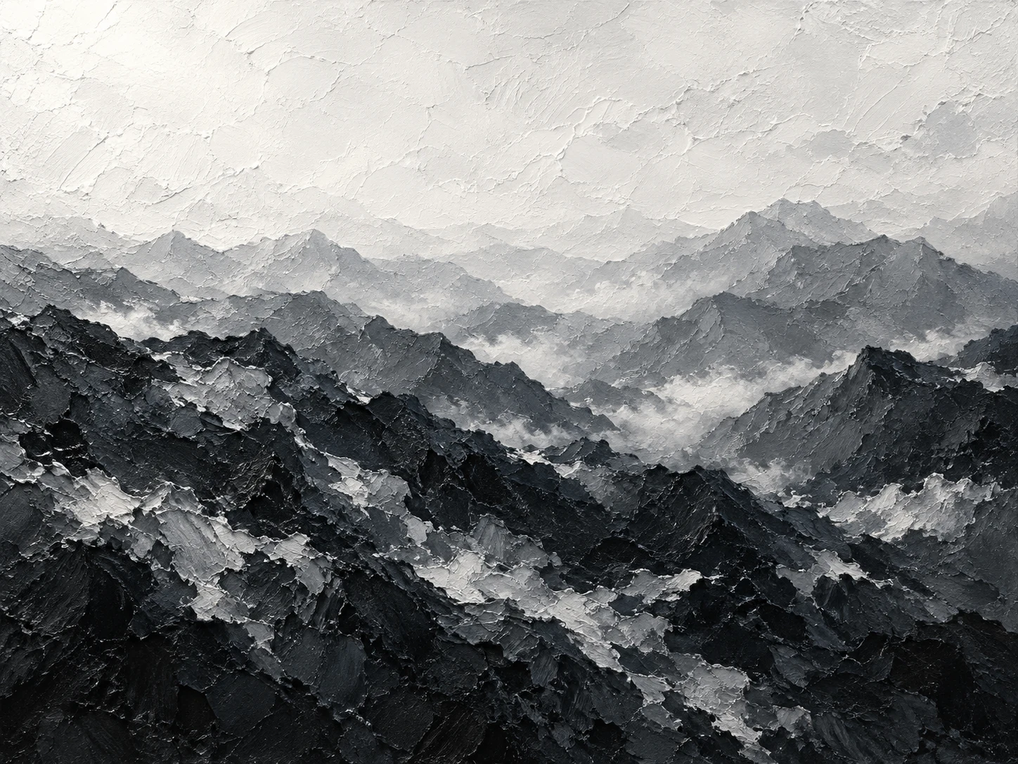 Blue-ridge mountains in receding layers in black, charcoal, cream, white; landscape artwork.