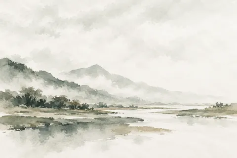 A low river valley under soft overcast light in white, cream, stone, gray; landscape artwork.