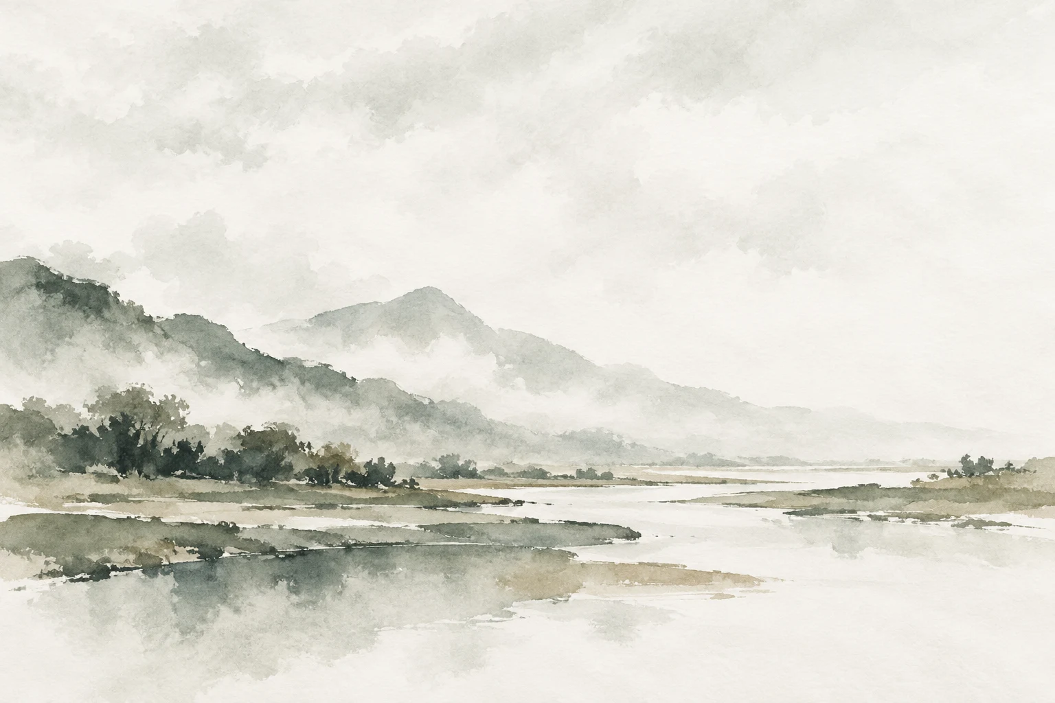 A low river valley under soft overcast light in white, cream, stone, gray; landscape artwork.