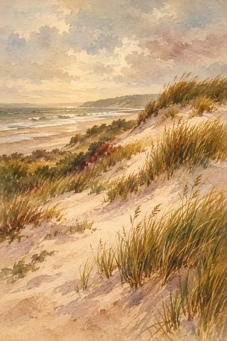 Dunes with beach grass under a pale sky in stone, sand, ochre, brown; portrait artwork.