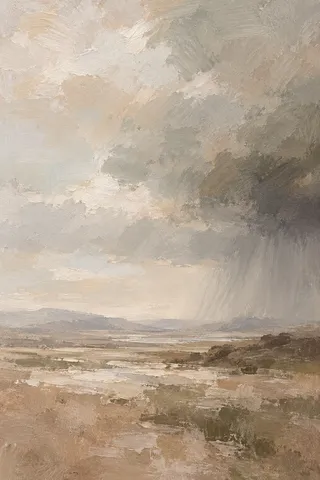 A wide plain with a distant storm in sand, stone, taupe, cream; portrait artwork.