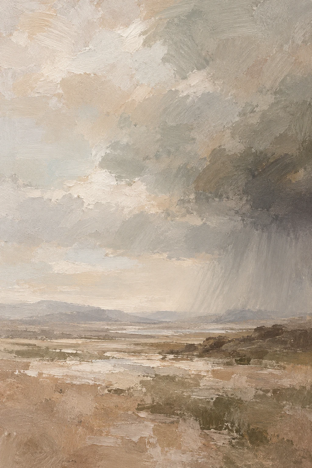 A wide plain with a distant storm in sand, stone, taupe, cream; portrait artwork.