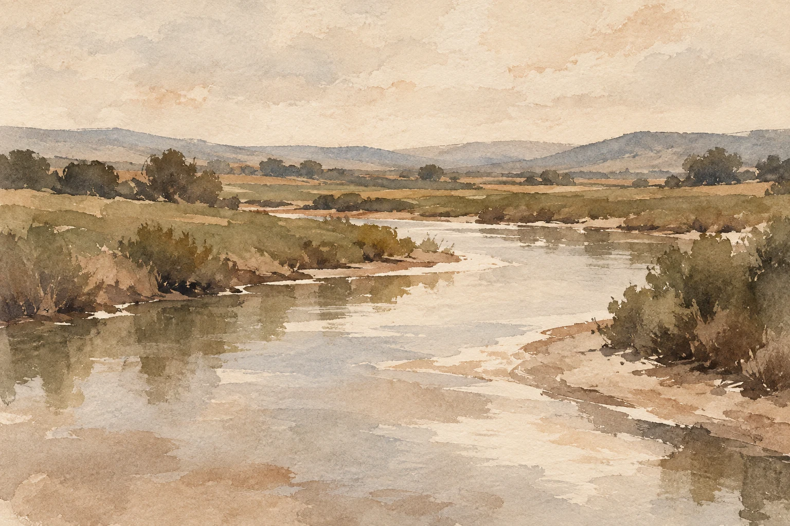A bend in a slow southern river in cream, taupe, sand, stone; landscape artwork.