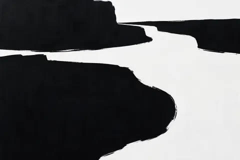 A bend in a slow southern river in black, white; landscape artwork.
