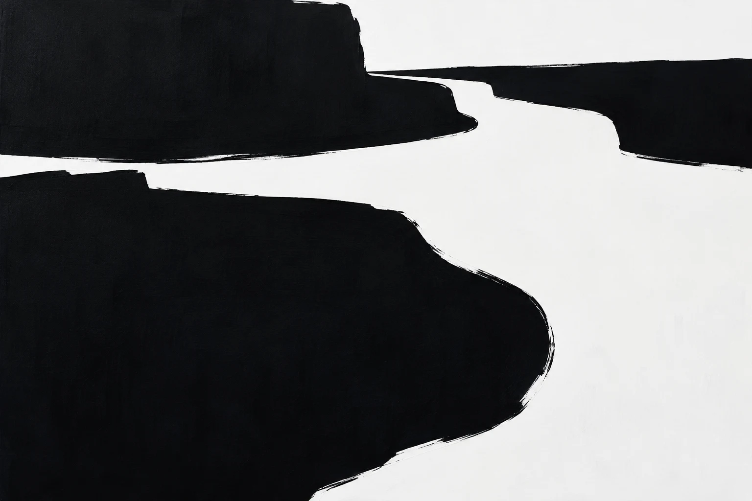 A bend in a slow southern river in black, white; landscape artwork.