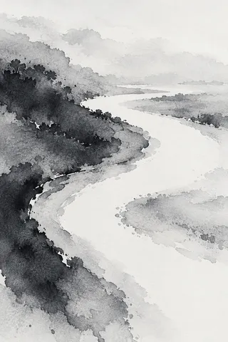 A bend in a slow southern river in white, stone, cream, charcoal; portrait artwork.