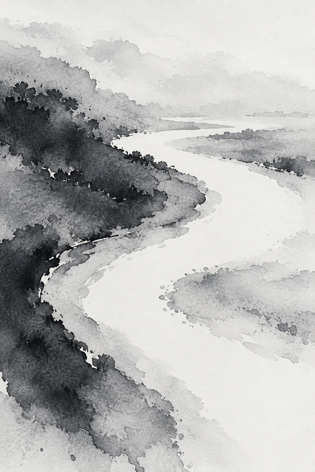 A bend in a slow southern river in white, stone, cream, charcoal; portrait artwork.