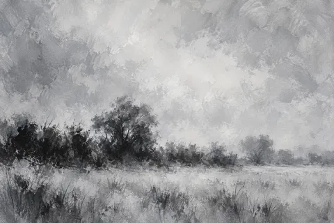 A hedgerow line in mist in stone, gray, cream, charcoal; landscape artwork.