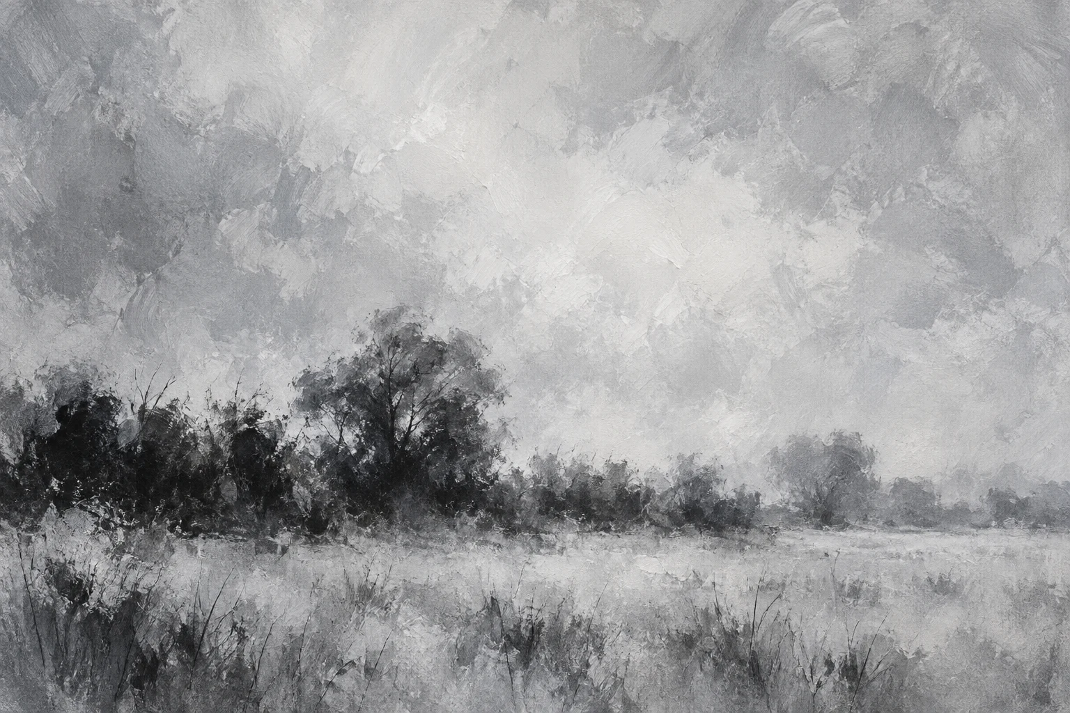 A hedgerow line in mist in stone, gray, cream, charcoal; landscape artwork.