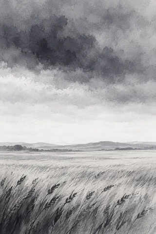 A wheat field under a heavy sky in gray, stone, white, cream; portrait artwork.