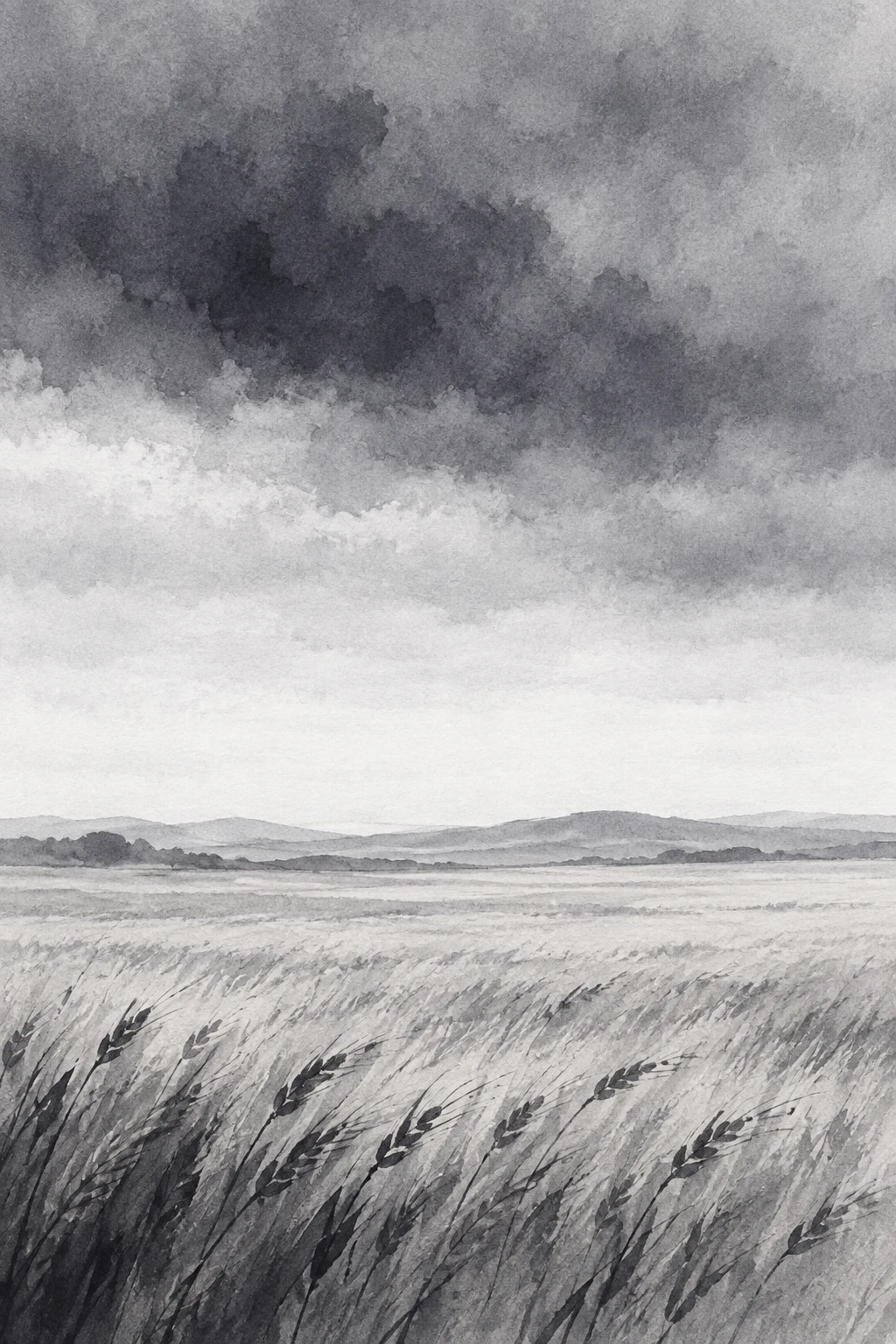 A wheat field under a heavy sky in gray, stone, white, cream; portrait artwork.