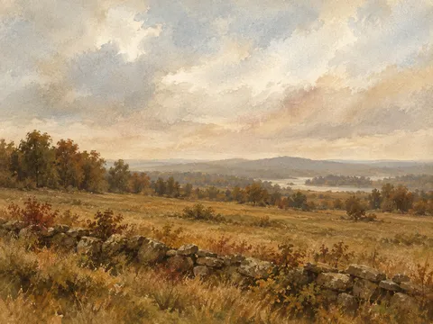 A New England stone wall crossing a field in cream, stone, brown, terracotta; landscape artwork.