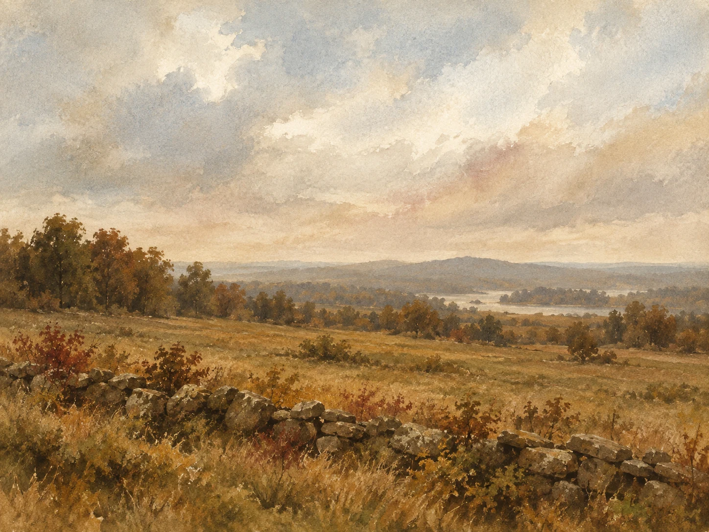A New England stone wall crossing a field in cream, stone, brown, terracotta; landscape artwork.