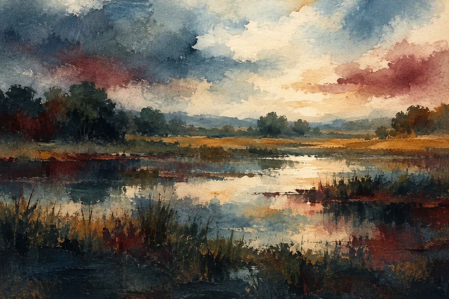 A flooded field reflecting a pale sky in black, brown, cream, sand; landscape artwork.