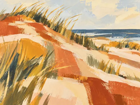 Dunes with beach grass under a pale sky in cream, orange, terracotta, olive; landscape artwork.