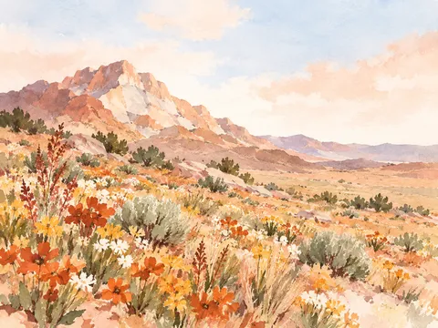 A meadow of wildflowers below a granite peak in white, blush, cream, terracotta; landscape artwork.
