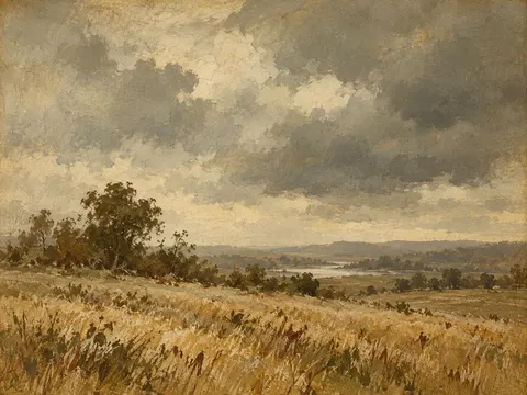 A wheat field under a heavy sky in sage, sand, taupe, olive; landscape artwork.