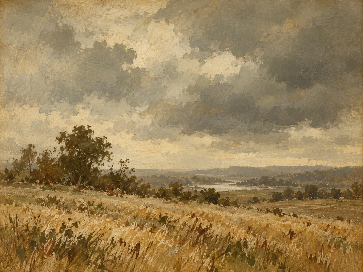 A wheat field under a heavy sky in sage, sand, taupe, olive; landscape artwork.