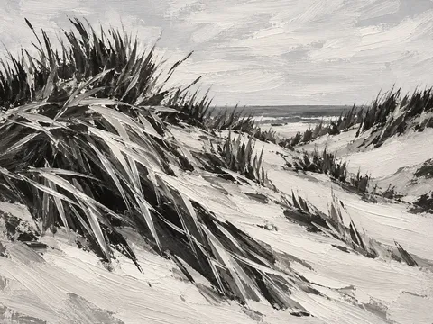 Dunes with beach grass under a pale sky in cream, charcoal, stone, gray; landscape artwork.