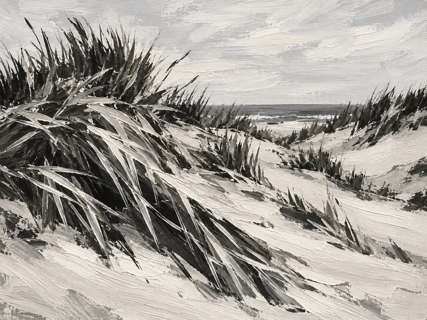 Dunes with beach grass under a pale sky in cream, charcoal, stone, gray; landscape artwork.