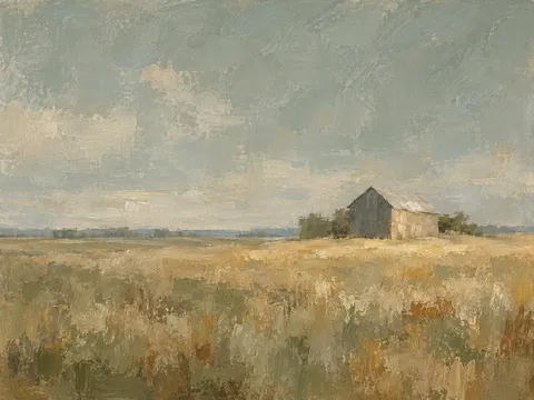 A lone barn on a Midwest horizon in gray, stone, taupe, sage; landscape artwork.