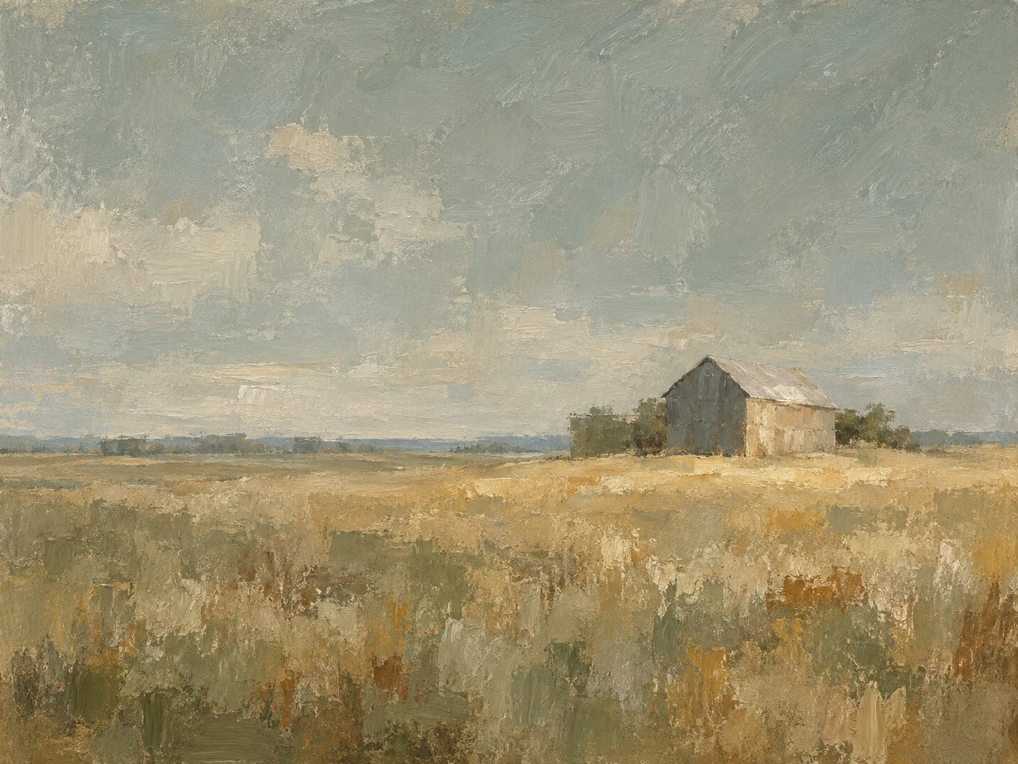 A lone barn on a Midwest horizon in gray, stone, taupe, sage; landscape artwork.