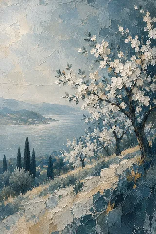 An orchard in blossom on a slope in gray, stone, cream, green; portrait artwork.
