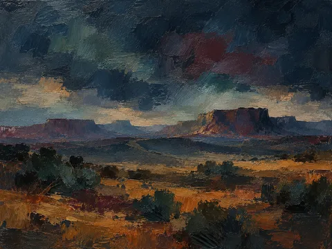 High desert with soft mesas in black, navy, brown, olive; landscape artwork.