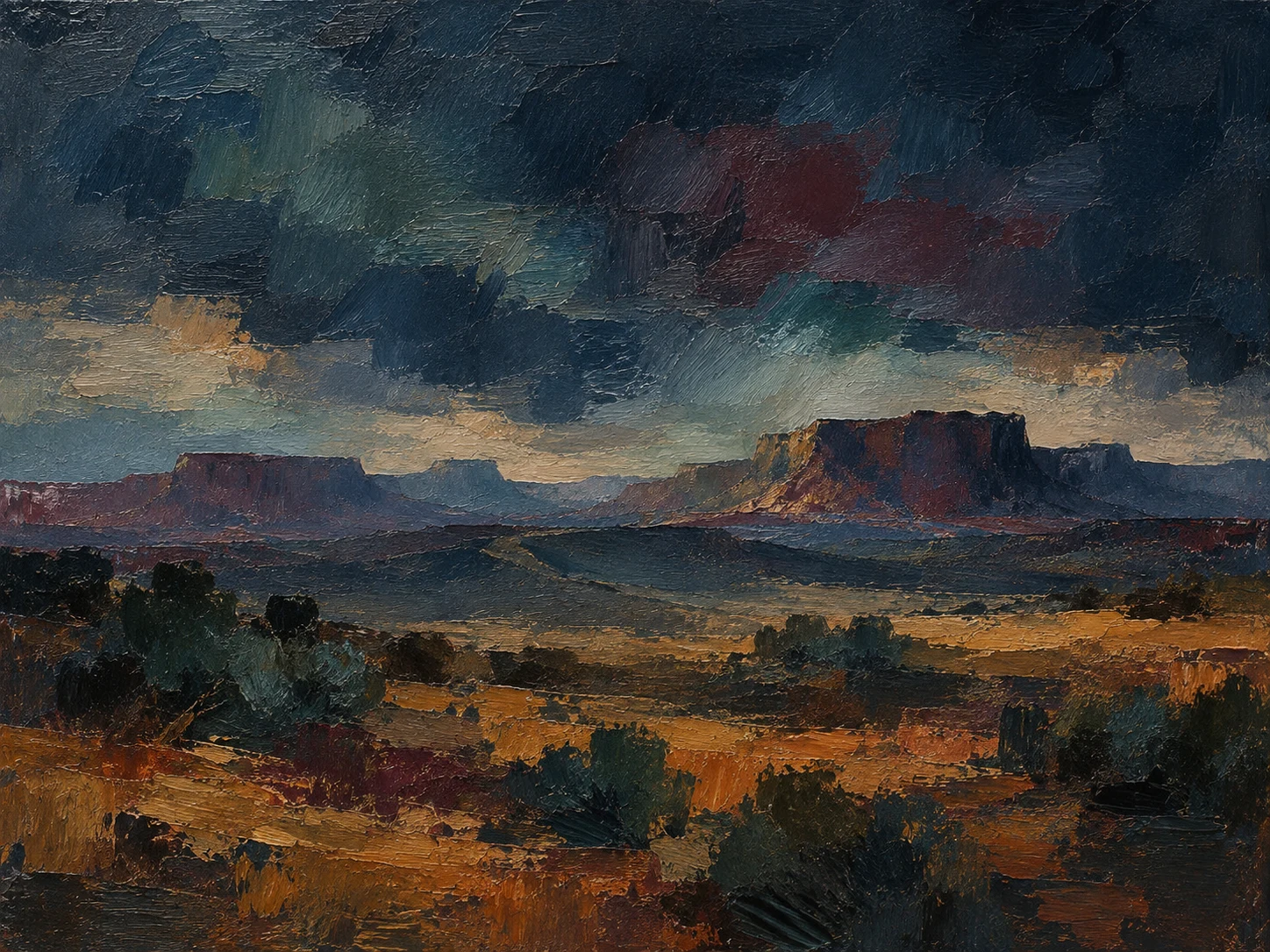 High desert with soft mesas in black, navy, brown, olive; landscape artwork.