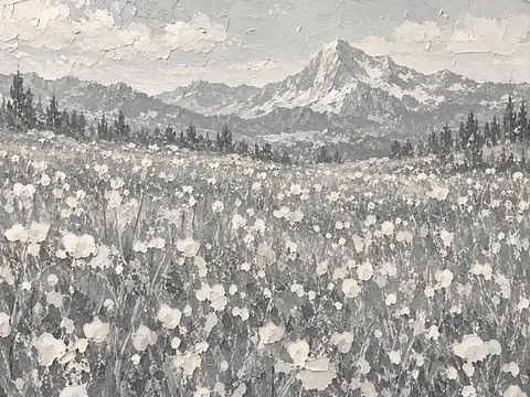 A meadow of wildflowers below a granite peak in gray, cream, stone; landscape artwork.