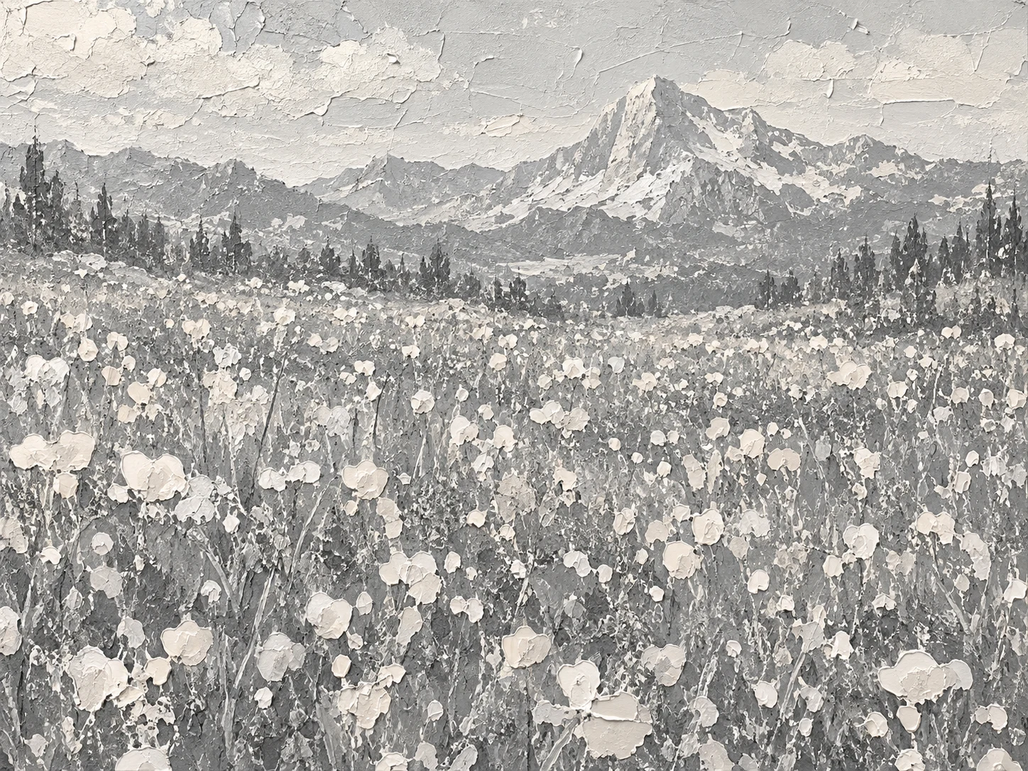 A meadow of wildflowers below a granite peak in gray, cream, stone; landscape artwork.