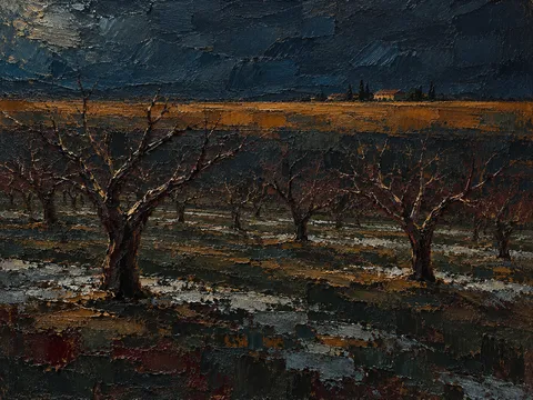 An orchard in winter in black, charcoal, forest green, brown; landscape artwork.