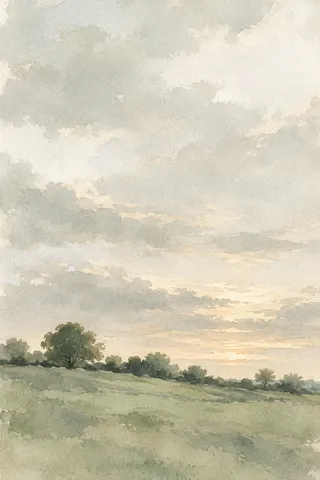 A single tree line on a ridge at dusk in cream, sand, white, stone; portrait artwork.