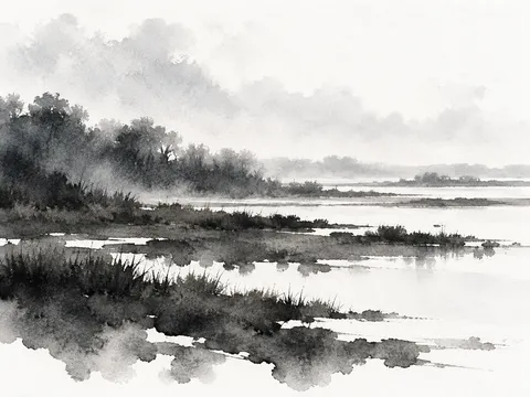 A marsh at first light in white, charcoal, cream, gray; landscape artwork.