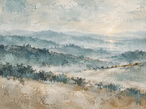 Rolling hills dissolving into haze in gray, cream, stone, sand; landscape artwork.