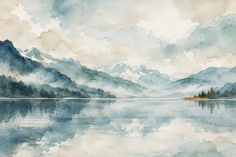 A mountain lake, still in cream, stone, gray, blue; landscape artwork.