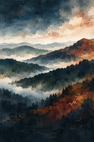Blue-ridge mountains in receding layers in black, charcoal, sand, cream; portrait artwork.