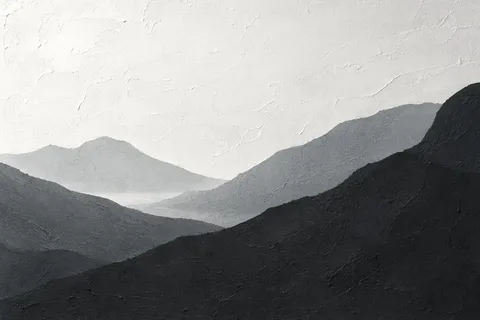 Layered mountain silhouettes at dawn in black, white, gray, cream; landscape artwork.