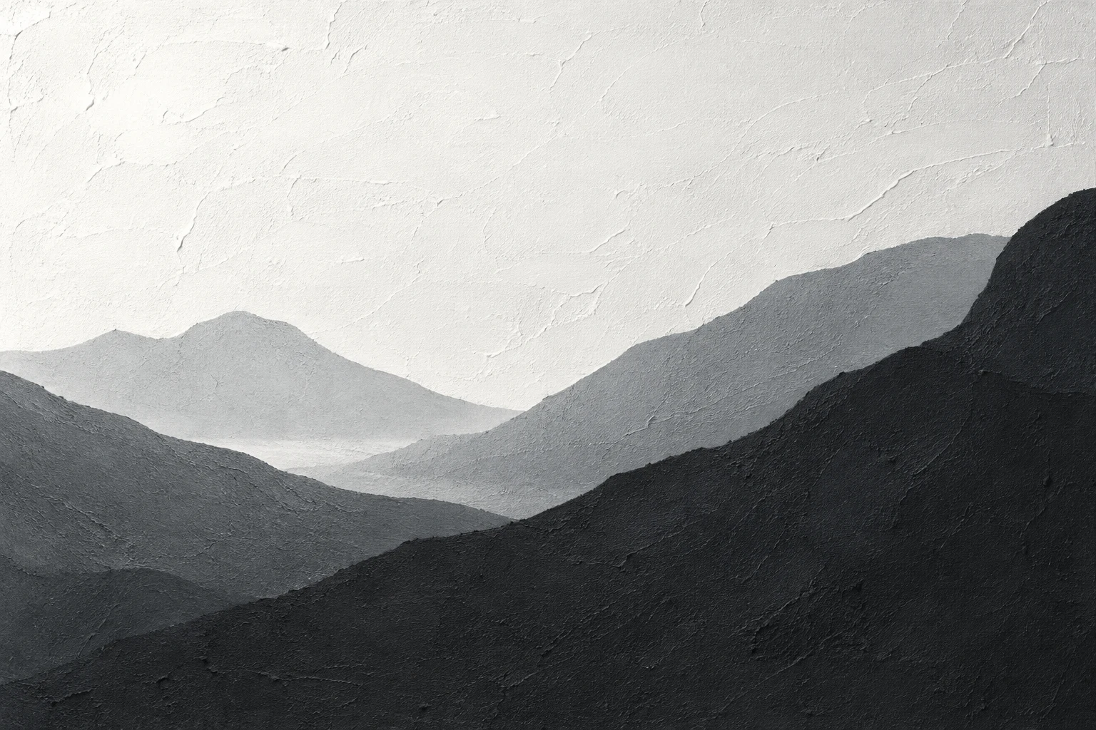 Layered mountain silhouettes at dawn in black, white, gray, cream; landscape artwork.