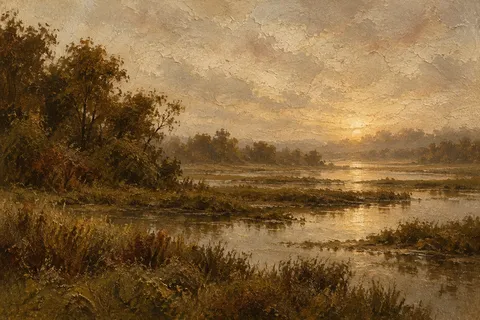 A marsh at first light in sand, brown, burgundy, sage; landscape artwork.