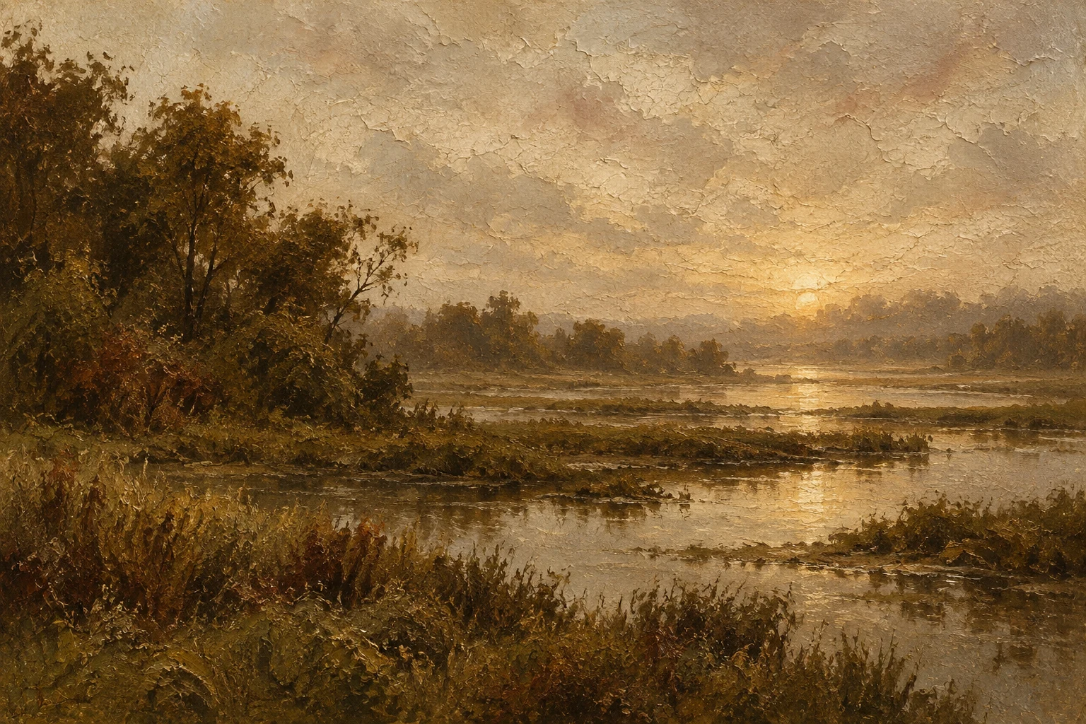 A marsh at first light in sand, brown, burgundy, sage; landscape artwork.