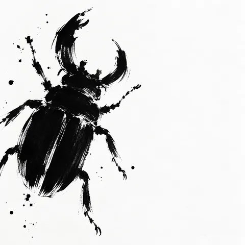 A beetle seen from above in white, black, cream; square artwork.
