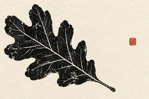 A fallen oak leaf in white, cream, black, taupe; landscape artwork.