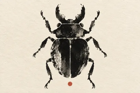 A beetle seen from above in cream, black, white, gray; landscape artwork.