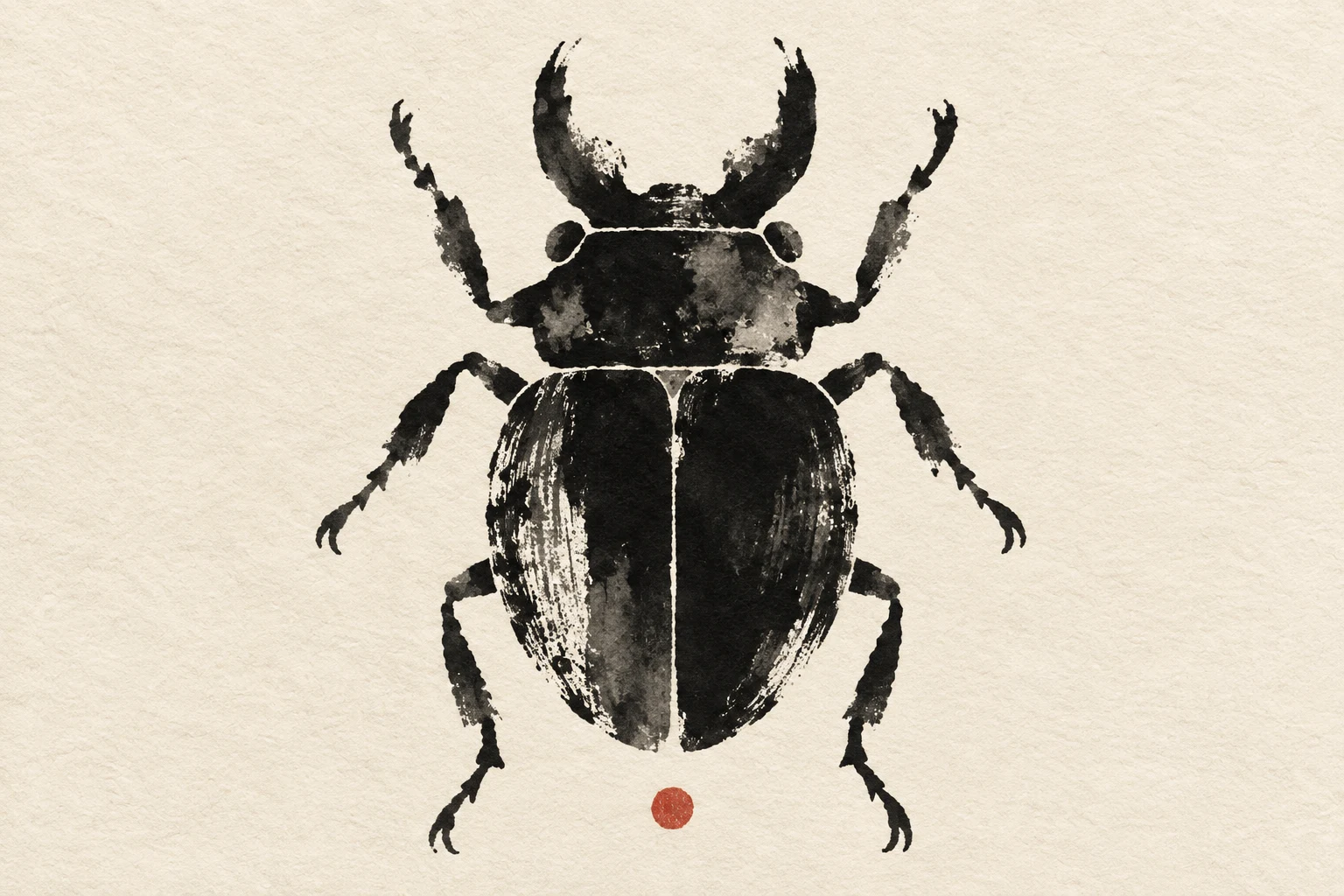 A beetle seen from above in cream, black, white, gray; landscape artwork.