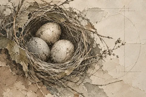A bird nest with three eggs in stone, olive, cream, taupe; landscape artwork.