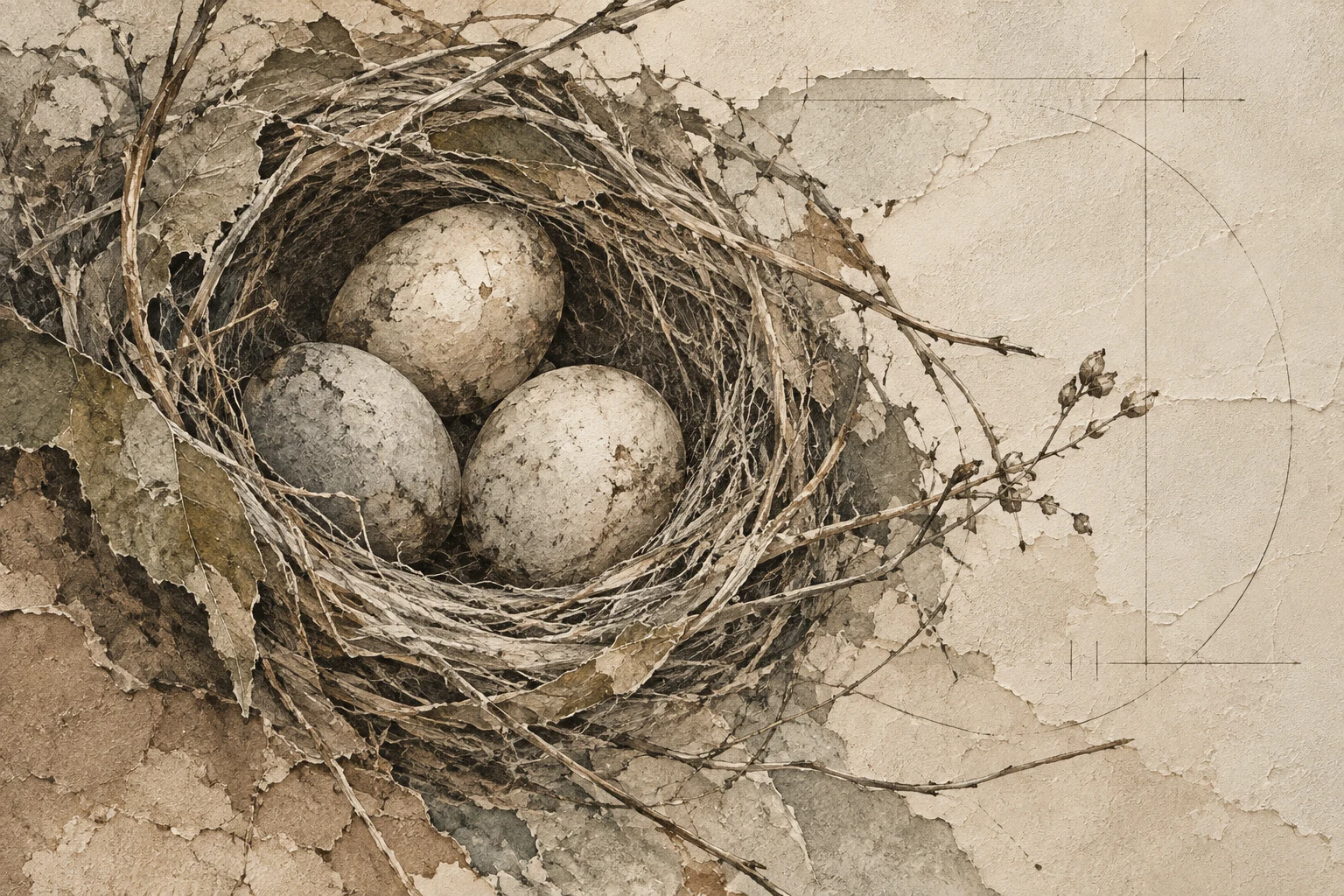 A bird nest with three eggs in stone, olive, cream, taupe; landscape artwork.