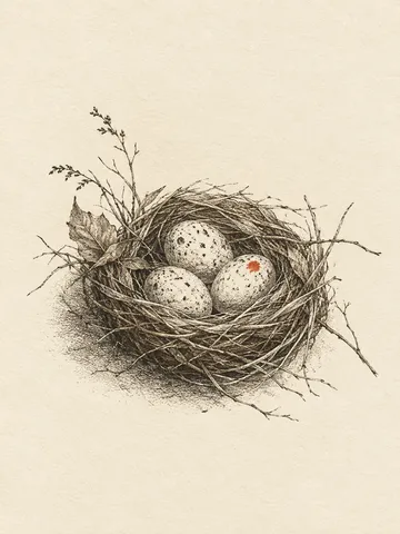 A bird nest with three eggs in cream, white, olive, sand; portrait artwork.