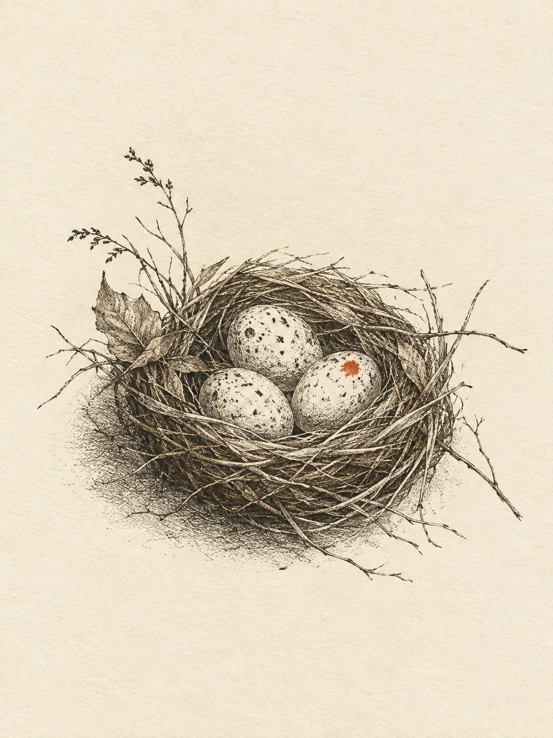 A bird nest with three eggs in cream, white, olive, sand; portrait artwork.