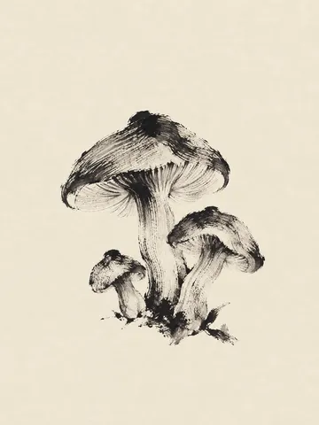 A cluster of mushrooms in cream, gray; portrait artwork.